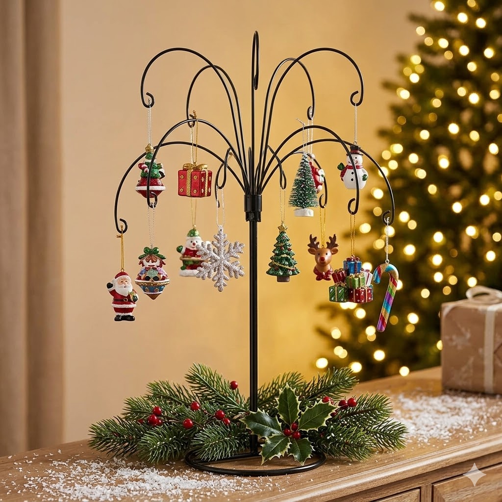 HOHIYA 2-Piece Ornament Display Stand 13.5 Inch Black Heavy Duty Wire Hanging Holder Max Load 1.5 lbs for  Glass Baubles and Easter Eggs Sturdy Metal Display Stand